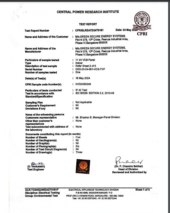 11kV VCB PANEL IP TEST REPORT - Certificate