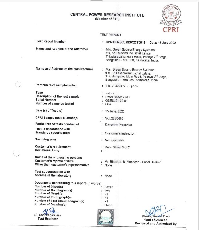 11kV VCB PANEL IP TEST REPORT - Certificate